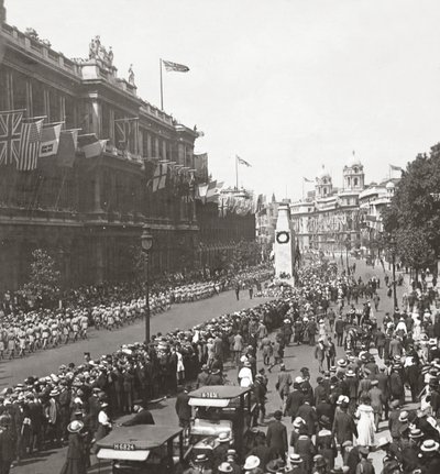 Peace procession of Indian troops saluting the Unknown Warrior at the Cenotaph, Whitehall, 19th July 1919 by English Photographer